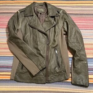 Sebby Collection Womens Olive Green Faux Leather‎ Moto Jacket S P